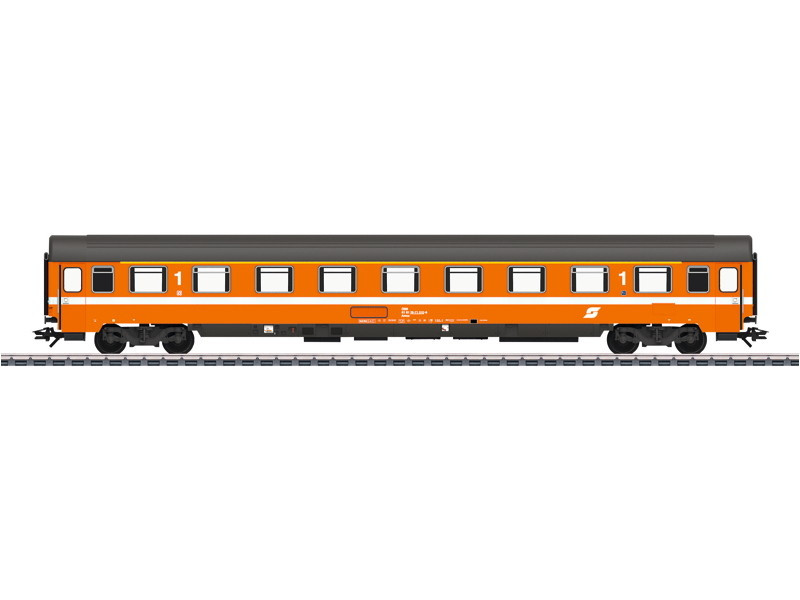 W441-42730  Eurofima Type Amoz 1st Class Compartment Car - 3-Rail - Ready to Run -- Austrian Federal Railroad OBB (Era IV 1979, orange, gray, white)