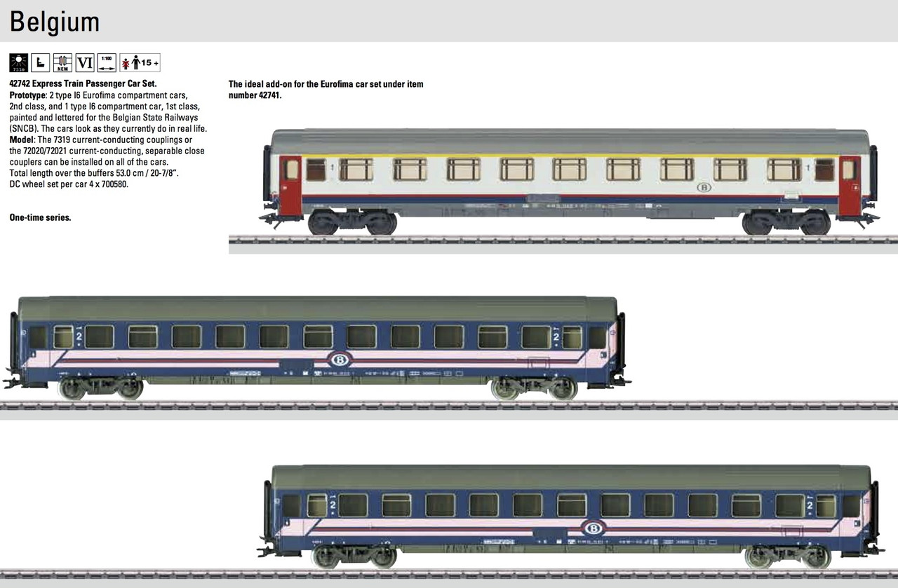W441-42742  Express Train 3-Car Passenger Set - 3-Rail - Ready to Run -- Belgian State Railways SNCB (Era VI, 2 Eurofima blue/white, 1 white, red, gr