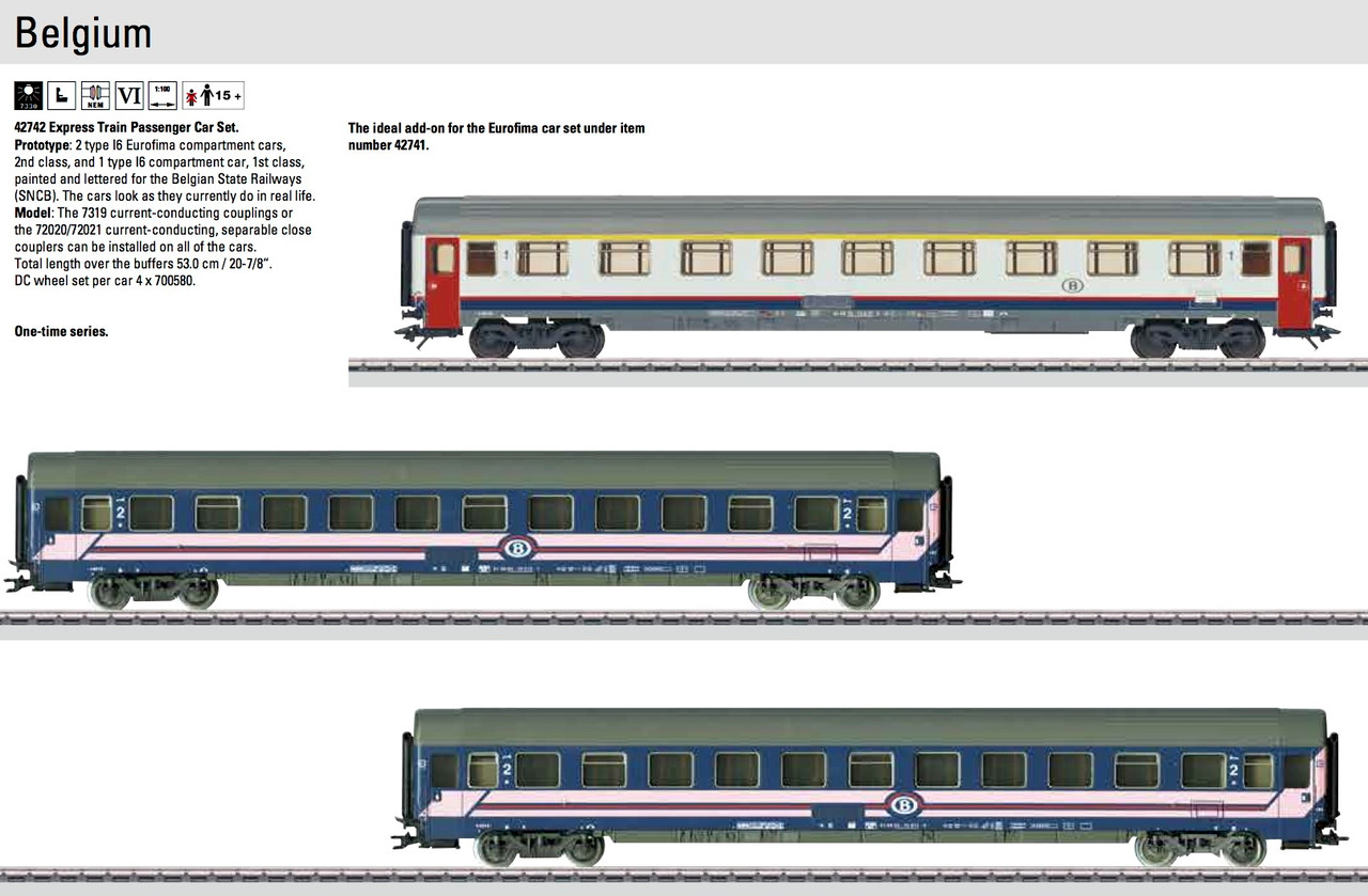 W441-42742  Express Train 3-Car Passenger Set - 3-Rail - Ready to Run -- Belgian State Railways SNCB (Era VI, 2 Eurofima blue/white, 1 white, red, gr
