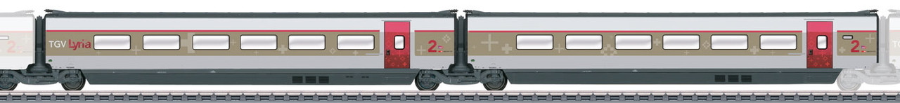 W441-43432  TGV Lyria R6/R7 Intermediate Passenger Car Add-On Set #2 - 3-Rail - Ready to R -- French State SNCF/Swiss Federal Railways SBB (Era VI 2013, white, gray, red)