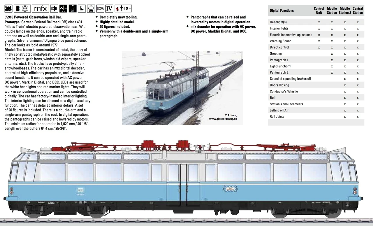 55918 Class 491 Glass Train Observation Electric Railcar w/Sound & Digital -- German Federal Railroad DB (Era IV, blue, white)