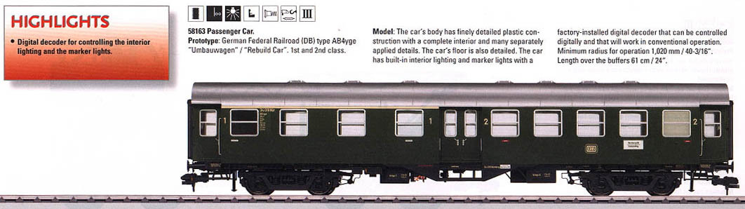 W441-58163  Type AB4yge 1st/2nd Class w/Digital Light - Ready to Run -- German Federal Railroad DB Umbauwagen/Rebuild (Era III, green)