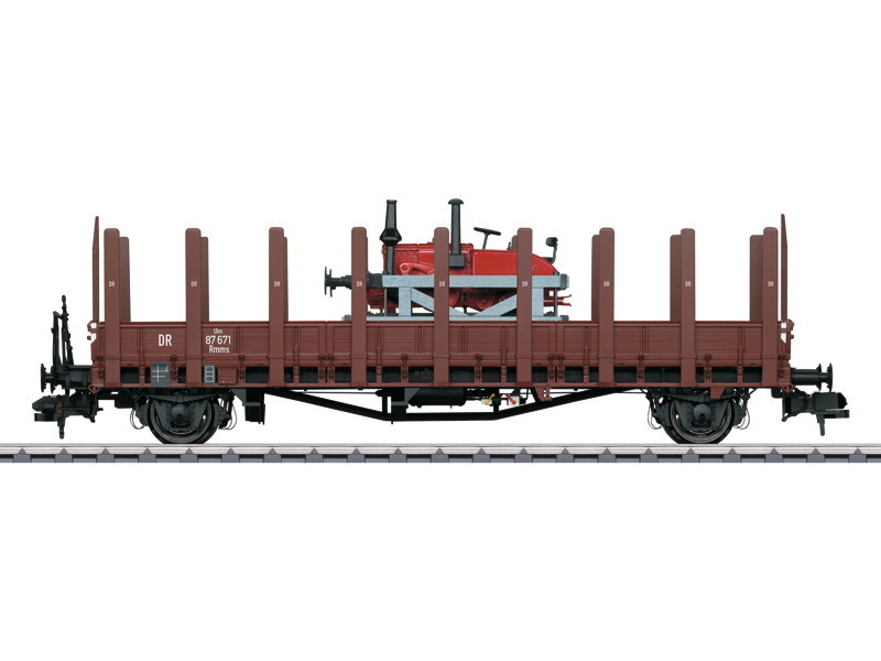 58482 Type Rmm Ulm Flatcar (Stake Car) w/Lanz Car Mover Load - Ready to Run -- German State Railroad DRG (Era II, Boxcar Red)