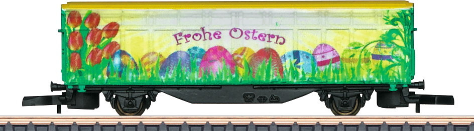 W441-80416  Modern Sliding-Wall Boxcar - Ready to Run - Packaged in a Basket -- 2016 Marklin Easter Car (yellow, green, pink)