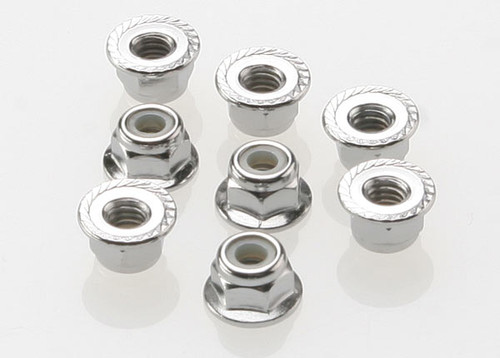 Nuts, 4mm flanged nylon locking (steel, serrated) (8)