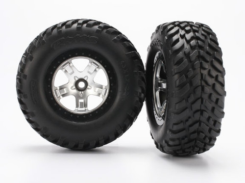 Tires & wheels, assembled, glued (SCT satin chrome, black beadlock style wheels, SCT off-road racing tires, foam inserts) (2) (2WD front)