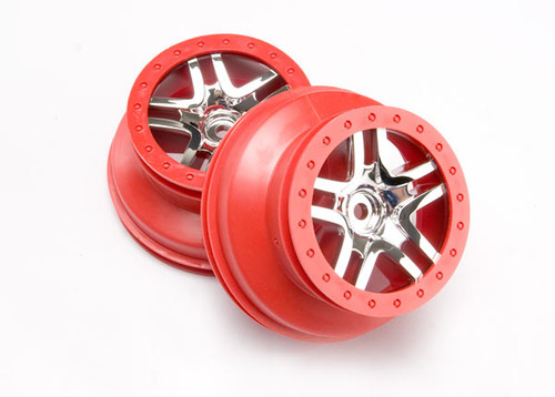 Wheels, SCT Split-Spoke, chrome, red beadlock style, dual profile (2.2' outer, 3.0' inner) (4WD front/rear, 2WD rear) (2)