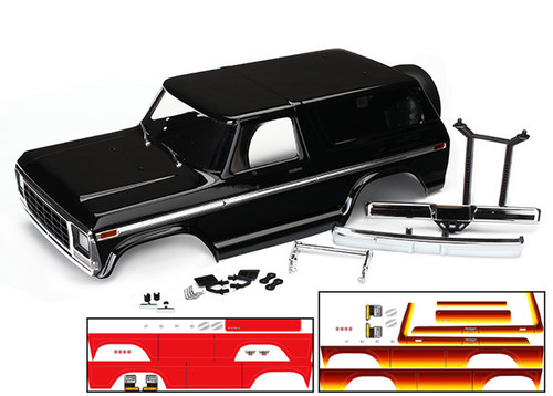 Body, Ford Bronco, complete (black) (includes front and rear bumpers, push bar, rear body mount, grille, side mirrors, door handles, windshield wipers, spare tire mount, red and sunset decals) (requires #8072 inner fenders)