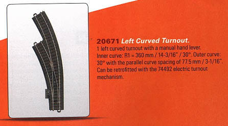 W441-20671  3-Rail C Track - My World -- Left Hand Manual Curved Turnout
