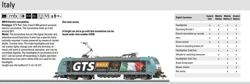 W441-36619  Class E 483 Electric - 3-Rail w/Sound & Digital -- GTS Rail Italy (Era VI 2011, turquoise, gray, black, white)