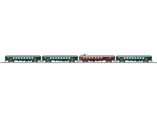 W441-40661  Swiss Tin-Plate 4-Car Set - 3-Rail - Ready to Run -- Swiss Federal Railways SBB (Era III 1960s, 1 brown & 3 green)