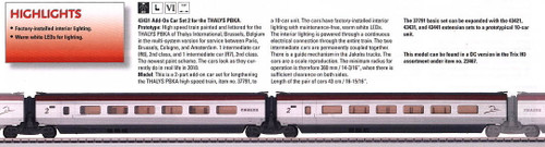 W441-43431  Thalys Add-On Car Set - Ready to Run -- Belgium State Railways SNCB (Set #2, Use with #441-37791)