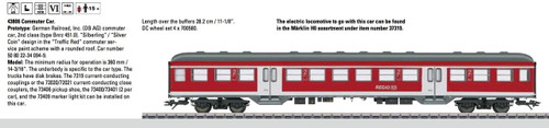 W441-43806  Silberling/Silver Coin Bnrz 451.0 2nd Class Commuter Car - 3-Rail -- German Railroad DB AG #50 80 22-34 094-9 (Era VI, Traffic Red, gray, white)