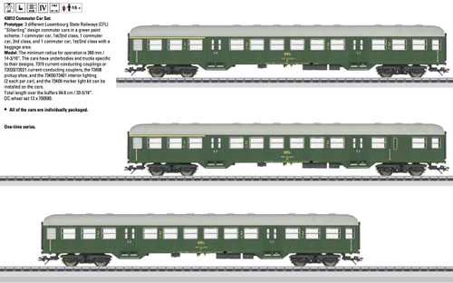 W441-43813  Silbering Commuter 3-Car Set - 3-Rail - Ready to Run -- Luxembourg State Railways CFL (Era IV, green, gray)
