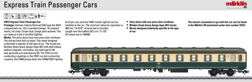 W441-43912  Type Am 203.0 1st Class Compartment Car - 3-Rail - Ready to Run -- German Federal Railroad DB (Era IV, Mid-1980s, ocean blue, beige)