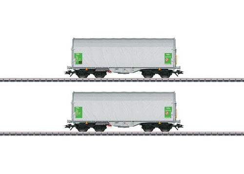 W441-47217  Type Shimmns Sliding Tarp Flatcar 2-Pack - 3-Rail Ready to Run -- Green Cargo (Era VI 2011, gray, green)