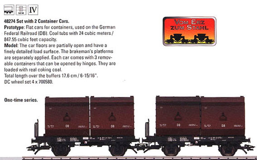 W441-48274  Container Flatcar w/24 Cubic Meter Container Load 2-Pack - Ready to Run -- German Federal Railway (Era IV; black, brown)