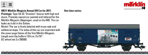 W441-48511  Type Glt 23 Dresden Boxcar - 3-Rail - Ready to Run -- 2011 Marklin M