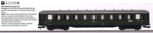 W441-58142  Type B4¬¨¬®¬¨¬Æ‚Äö√†√∂‚Äö√Ñ¬¢‚Äö√Ñ√∂‚àö‚Ä†‚àö‚àÇ¬¨¬®‚Äö√Ñ¬¢we 2nd Class Compartment Express Car w/Interior - Ready to Run -- German Federal Railroad DB #1 (Era III, Skirted, green)