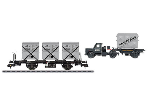 58472 Type BT 10 Container Flatcar w/LCL Container Load & Truck - 3-Rail Ready to Ru -- German Federal Railroad DB (Era III, black w/gray Containers)