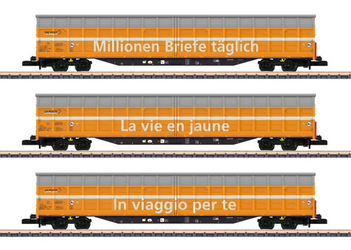 82417 Type Habbiillnss Sliding-Wall Boxcar 3-Pack - Ready to Run -- Swiss Post (Era VI 2016, yellow, white, gray)