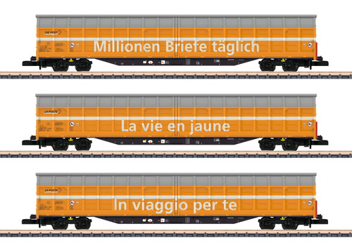 82417 Type Habbiillnss Sliding-Wall Boxcar 3-Pack - Ready to Run -- Swiss Post (Era VI 2016, yellow, white, gray)