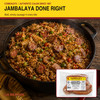 Comeaux's Pork Andouille, smoked sausage in a 5lb bulk pack, with cooked jambalaya dish featuring sausage and rice.