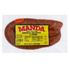 Manda Fine Meats Manda Hot Smoked Pork Sausage 24oz, a smoked pork sausage in a plump, elongated shape with a reddish-brown exterior and yellow label.