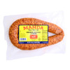 Manda Hot Smoked Pork Sausage, 24oz package of smoked pork sausage in vacuum-sealed plastic wrapping with yellow label.
