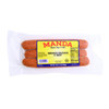 Manda Smoked Beef Sausage 1lb, packaged in clear vacuum-sealed plastic with a yellow label showing the product name and ingredients.