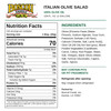 Boscoli Italian Olive Salad 128oz, product label showing 100% olive oil, nutrition facts, ingredients, and a 1-gallon size