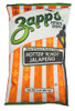 Zapp's Jalapeno Chips 2oz, a colorful bag of spicy potato chips with orange and white stripes and a green top, featuring the Zapp's logo and flavor description of Hotter N Hot Jalapeño.