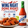 Crystal Hot Sauce 12oz, bottles of Louisiana hot sauce with image of spicy chicken wings and celery sticks, featuring bold red hot sauce with green cap and label.