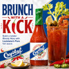 Crystal Hot Sauce 12oz, bottle of Louisiana's pure hot sauce with a green cap and red sauce inside, placed next to a drink garnished with olives, lemon, and seafood, on a festive background.