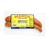 Manda Andouille Links 12oz, raw sausage links in a clear package with yellow and blue label.