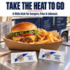 Crystal Hot Sauce 7 gram Packets 200 Ct., packets with the Crystal Hot Sauce logo and ingredients, placed in front of a burger with fries at a food truck.