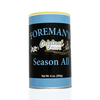 Foreman's Seasoning 8oz, spice container with a black and blue label featuring cartoon characters and text.