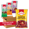 Louisiana Fish Fry Boil Booster Combo, a seafood boil starter kit featuring herb overload, zesty citrus, and smashed garlic seasoning packets along with crawfish, shrimp, and crab boil mix in a yellow package, ideal for backyard cajun boil gatherings.