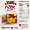 Savoie's Pork Tasso 8oz, slow smoked Cajun style pork product packaged in a clear plastic bag with a label showing nutrition facts and ingredients