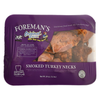 Foreman's Turkey Necks, 24oz package of smoked turkey necks in a styrofoam tray with a purple label.