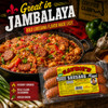 Savoies Smoked Mixed Green Onion Sausage 16oz, packaged sausage with green onion, on a rustic wooden table with a flavorful Cajun rice skillet and fresh vegetables around.