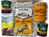 Creole Foods of Louisiana Mardi Gras Beignet Box, includes French Market beignet mix, coffee, and sugar, surrounded by white packing paper for gifting or storage.