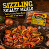 Savoie's Smoked Sausage 3 Pack Bundle - Shipping Included, pack of smoked sausages in clear plastic packaging with a yellow and red label, cooked sausages in a skillet with colorful bell peppers and onions.