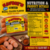 Savoie's Smoked Sausage 3 Pack Bundle, packaged smoked sausages with a label showing nutritional facts and ingredients, on a wooden surface with sliced sausage and garlic.