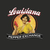LA Pepper Exchange Cayenne TShirt, graphic design featuring a vintage woman holding a red chili pepper with the text Louisiana Pepper Exchange.