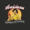 Ghost TShirt, featuring a vintage-style illustration of a woman with a red lipstick and yellow dress holding a red pepper, with the text 'Louisiana Pepper Exchange' above and below the illustration.