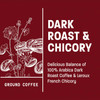 New Orleans Roast Dark Roast & Chicory, ground coffee package with a maroon background and white floral graphic, emphasizing its 100% Arabica dark roast with French chicory for rich flavor.