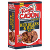 Ragin Cajun Authentic Red Beans & Rice Mix, a box of ready-to-eat red beans and rice with seasoned ingredients, promoting quick preparation in 25 minutes.