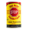 The Best Stop Garlic Cajun Seasoning 7oz, yellow and red spice container with a stop sign label and black bottom, featuring text about Cajun seasoning and garlic for flavorful cooking.