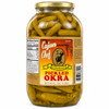 Cajun Chef Pickled Okra 64oz, jar of pickled green okra pods in brine with a gold lid and a vibrant label featuring the Cajun Chef brand logo and nutritional facts.